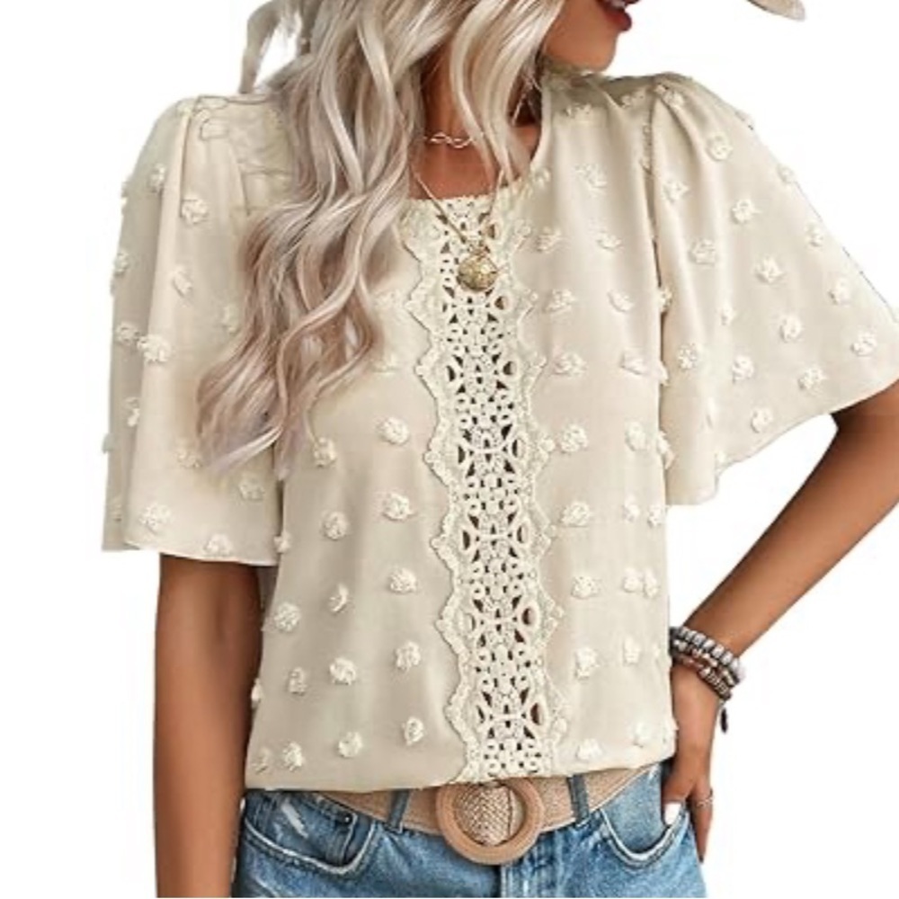 SHEIN Boho Cream Textured Peasant Top Butterfly Wing Sleeve Crochet Lace Sz L